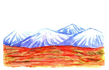 Parlak renkli, elle çizilmiş manzara. Suluboya, seyehat, turizm, doğa tasarımı için guaj çizimi. Bir dağ sırasının buzlu, karlı, mavi zirveleri, terracotta tepeleri..