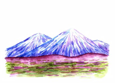 Parlak renkli, elle çizilmiş manzara. Suluboya, seyehat, turizm, doğa tasarımı için guaj çizimi. Dağ sırasının buzlu, karlı, mavi zirveleri, beyaz arkaplanda mor yeşil tepeler..