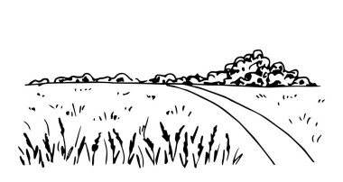 Siyah çizgili basit bir el çizimi vektör çizimi. Kırsal alan, bozkır yolu, tarım arazileri, çimenler, çalılar ve ufuktaki ağaçlar. Doğa, yaz. Mürekkep çizimi.