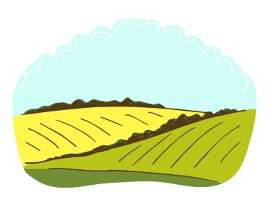 Basit el çizimi renk vektörü çizimi. Kırsal alanlar, çiftlik arazileri, mavi gökyüzündeki bulutlar, çalılar, ufuktaki ağaçlar. Organik etiketler, sebzeler, ambalajlar için. Köy, doğa.