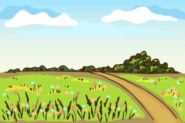 Düz biçimde basit renk vektörü çizimi. Yaz doğası, kırsal alan, çiçekler ve yeşil çimenler ön planda, yol, çalılar, bitki örtüsü. Mavi gökyüzündeki bulutlar. Çiçek açan çayırlar, tarım arazileri.