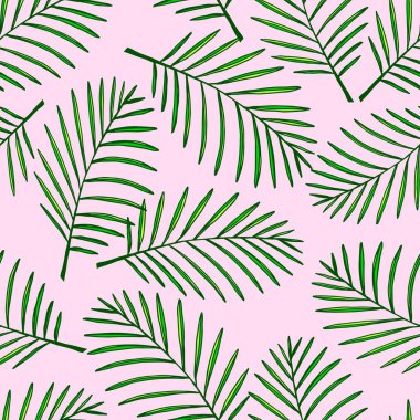 Basit çiçekli vektör kusursuz desen. Açık pembe arka planda yeşil bir hurma yaprağı. Kumaş baskıları, tekstil ürünleri, ambalaj, kırtasiye, yaz dekorasyonu, plaj kıyafeti, eko tarzı.