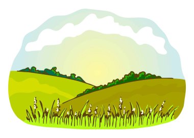 Düz biçimde basit renk vektörü çizimi. Yaz doğası, dağlık kırsal alan, çiçekler ve ön planda yeşil çimenler, çalılar, bitki örtüsü. Sabah gökyüzünde bulutlar, şafak vakti. Çiçekli çiftlik çayırları.