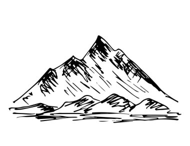 İşleme tarzında basit bir siyah-beyaz vektör çizimi. Keskin kayalık dağlar, zirve. Manzara ve doğa. Spor ve eğlence, turizm ve aşırı seyahat. Etiket baskıları için.