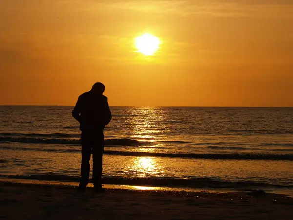Günbatımında Amrum sahilinde, Kuzey Denizi adasında