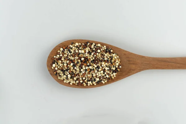 Quinoa Seed Mix Wooden Spoon White Background Isolated Top View — Stock Photo, Image