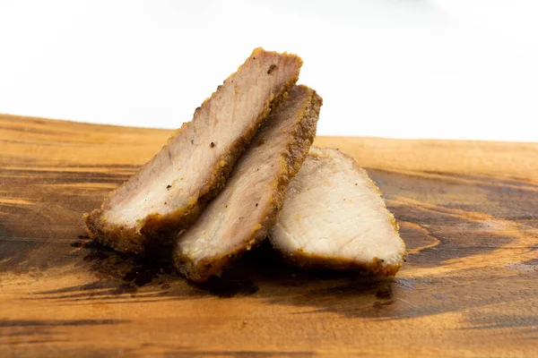 Fresh Baked Pork Slices Wooden Cutting Board — Stock Photo, Image