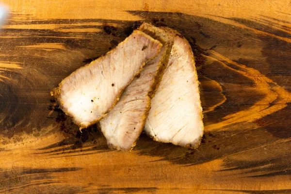 Fresh Baked Pork Slices Wooden Cutting Board — Stock Photo, Image
