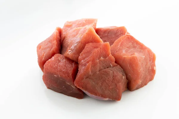 Fresh Raw Meat Cubes Isolated White Background — Stock Photo, Image
