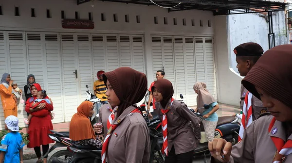 Ινδονήσιοι Πολίτες Γιορτάζουν Την Ημέρα Santri Παρέλαση Στο Δρόμο Pekalongan — Φωτογραφία Αρχείου