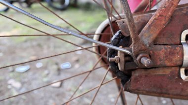 Close up Bicycle Part with Old Cassette Gear is rusty. Rusty bicycle wheel