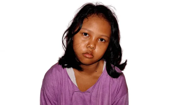 Rosto Sonolento Uma Adolescente Asiática Acordar Com Rosto Oleoso — Fotografia de Stock