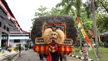 Geleneksel dansın adı REOG, tavus kuşu kuyruğu tüyleriyle süslenmiş büyük kaplan gibi maskeli dansçılar, Batang Endonezya 25 Nisan 2024