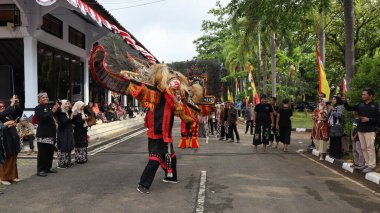 Geleneksel dansın adı REOG, tavus kuşu kuyruğu tüyleriyle süslenmiş büyük kaplan gibi maskeli dansçılar, Batang Endonezya 25 Nisan 2024