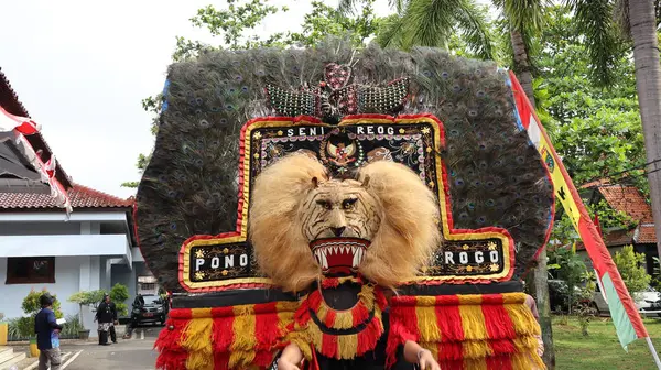 Stock image Traditional Dance from is called REOG, masked dancers resembling large tiger decorated with peacock tail feathers, Batang Indonesia April 25 2024