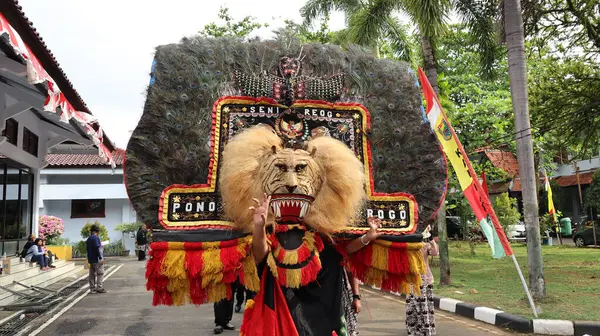 stock image Traditional Dance from is called REOG, masked dancers resembling large tiger decorated with peacock tail feathers, Batang Indonesia April 25 2024