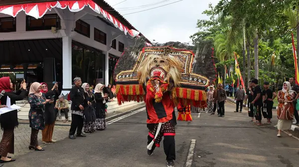 Geleneksel dansın adı REOG, tavus kuşu kuyruğu tüyleriyle süslenmiş büyük kaplan gibi maskeli dansçılar, Batang Endonezya 25 Nisan 2024