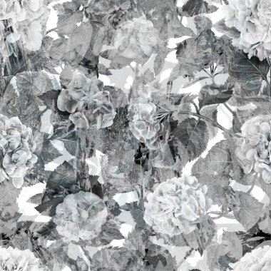 Klasik soyut ortanca çiçekli tek renkli suluboya deseni koyu renklerde tekrarlanmayan arka plan