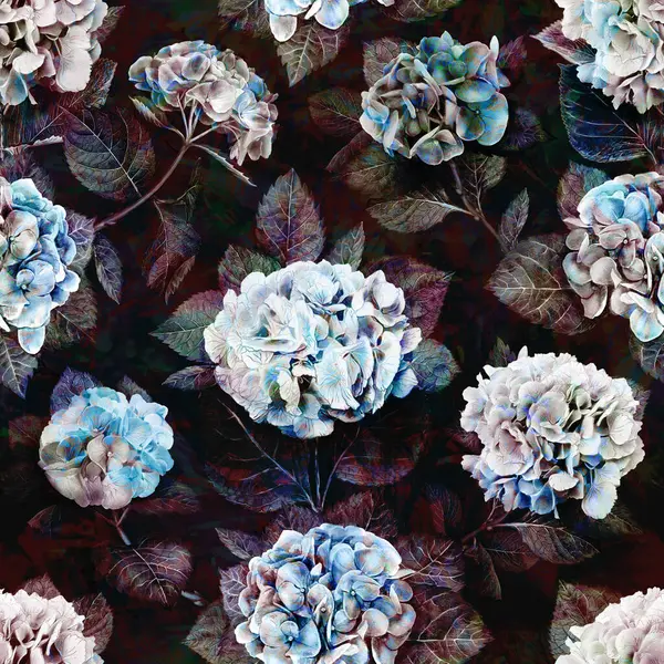 ヴィンテージフローラルパターン ゴシックハイドレンジア 花水彩色シームレスな繰り返し抽象的な背景 ダークブラックブルーの色のホルチア カラフル — ストック写真