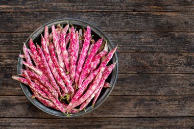 Taze fasulye ya da kırmızı Roma fasulyesi. Bakır kasede fasulye. 