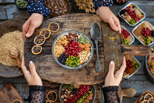 stock image Ashure dessert with legumes and dried fruits named asure . Noahs pudding in the bowl. 