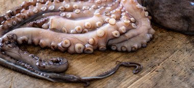 Bütün ahtapot bacakları, dokunaçları ve kafasıyla tahtayı kesiyor..