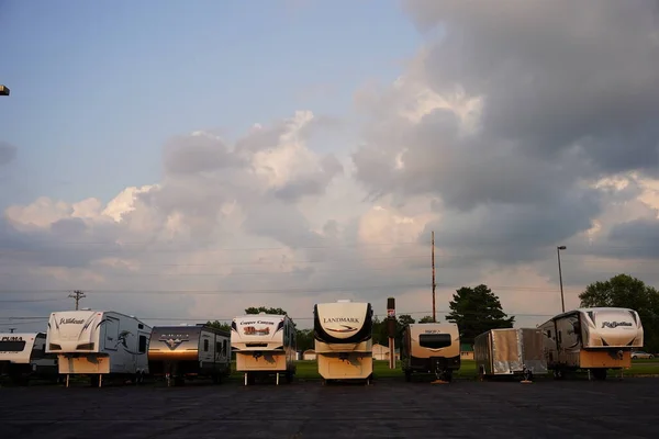 Different Brand Camper Trailers Sit Parking Lot Storaging — Stock Fotó