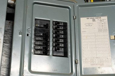 Fond du Lac, Wisconsin USA - May 1st, 2021: Electric circuit breaker found in the basement of an apartment. clipart