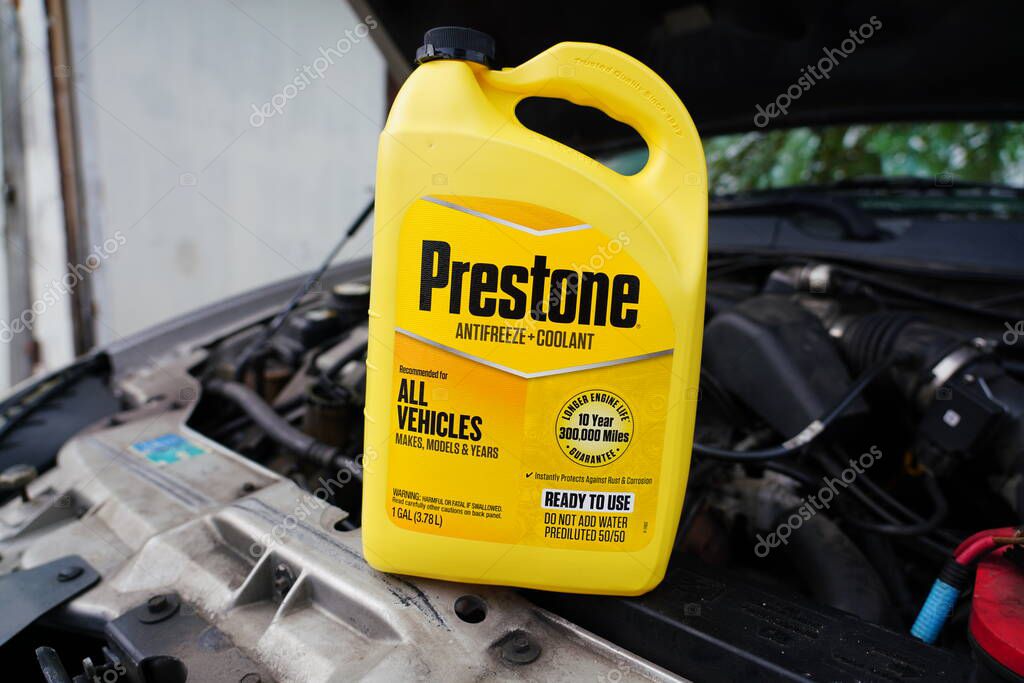 Fond du Lac, Wisconsin USA - May 19th, 2021: Front side of 1 gallon of ready to use Prestone antifreeze and coolant for all vehicles.
