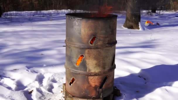 Brandende Vuilnisbak Zit Buiten Tijdens Koude Winter — Stockvideo