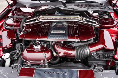 Baraboo, Wisconsin ABD - 30 Nisan 2022: 2018 5.0 Red Ford Mustang Coyote, Cruise for a Cause araba fuarında sergileniyor.