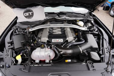 Baraboo, Wisconsin USA - 30 Nisan 2016 5.0 Ford Mustang GT Cruise for a Cause otomobil fuarında oturuyor.