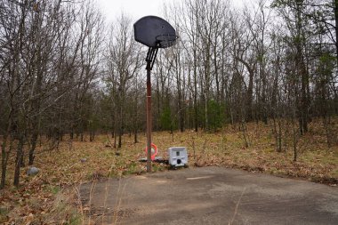 Yeni Lizbon, Wisconsin ABD - 5 Mayıs 2022: Eski terk edilmiş basketbol sahası ormanda küçük düşürücü bir şekilde bırakıldı.
