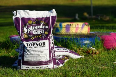 Küçük bir kova bahçe aletinin dikey görüntüsü.