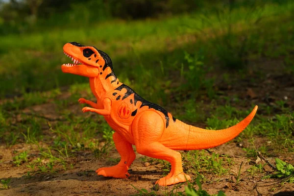 Orange Tyrannosaurus Rex Dinosaurier Kinderspielzeug Sitzt Hof Und Gras — Stockfoto
