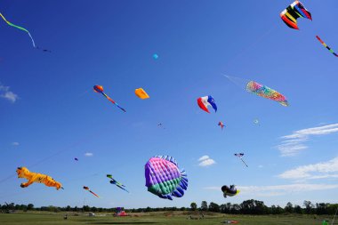 İki nehir, Wisconsin / ABD - 5 Eylül 2020: Birçok dev renkli uçurtmalar ve rüzgar bayrakları iki nehir lisesinde sergileniyor