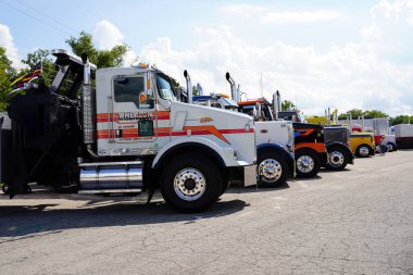 Waupun, Wisconsin ABD - 11 Ağustos 2023: Waupun 'un geleneksel kamyonet fuarına birçok farklı renkli kamyonlar geldi.