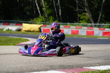 Dousman, Wisconsin ABD - 8 Ağustos 2019: Badger Kart kulübü Wolf Paving Raceway 'de go-kart sürücüleri ulusal yarışlara katıldı.