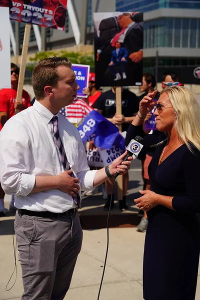 stock image Milwaukee, Wisconsin USA - August 23rd, 2023: United States Representative Marjorie Taylor Greene gave interviews with the press and media and interacted with Trump supporters at the Fiserv Forum