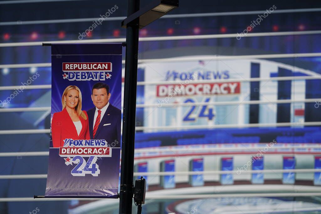 Milwaukee, Wisconsin USA - August 23rd, 2023: 2024 Republican Presidential Debate held at Fiserv Forum Milwaukee Bucks Stadium hosted by Fox News and moderated by Bret Baier and Martha MacCallum.