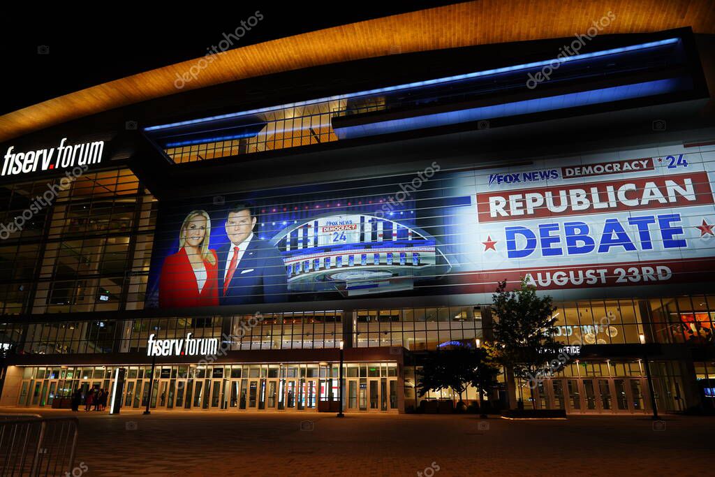 Milwaukee, Wisconsin USA - August 23rd, 2023: 2024 Republican Presidential Debate held at Fiserv Forum Milwaukee Bucks Stadium hosted by Fox News and moderated by Bret Baier and Martha MacCallum.