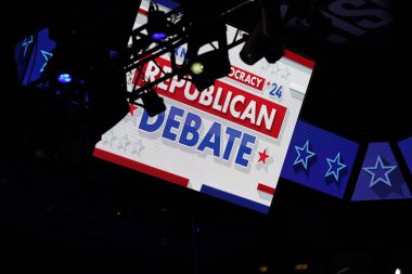 Milwaukee, Wisconsin USA - August 23rd, 2023: 2024 Republican Presidential Debate held at Fiserv Forum Milwaukee Bucks Stadium hosted by Fox News and moderated by Bret Baier and Martha MacCallum. clipart