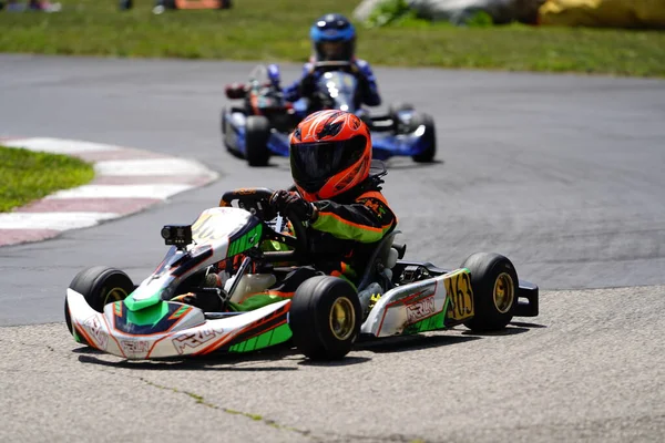 stock image Dousman, Wisconsin USA - August 8th, 2019: go-kart drivers raced in national races at Badger Kart club Wolf Paving Raceway.