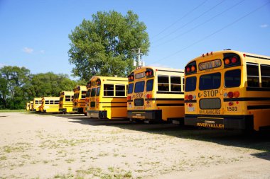 Tomah, Wisconsin ABD - 2 Temmuz 2023: Kısa sarı okul otobüsleri hala kullanılmaya hazır.