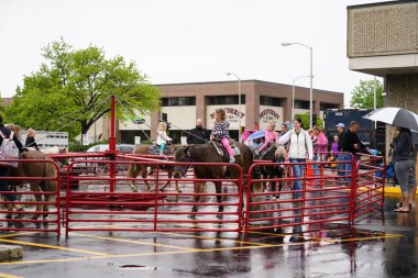 Fond du Lac, Wisconsin / USA - 1 Haziran 2019: YaşIı, orta yaşlı ve Fond du Lac 'ın genç üyeleri ıslak yağmurlu havada evcil hayvan çiftliğinde biraz aile eğlencesi yapmak için ortaya çıktılar..