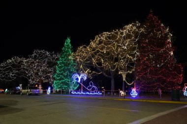 La Crosse, Wisconsin ABD - 29 Kasım 2020: Noel ışıkları, tatil için nehir kenarındaki parkı süslüyor.