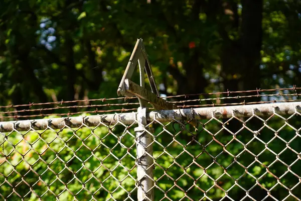a metal mesh of metal fence in the park