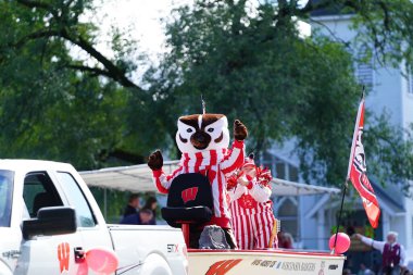Warrens, Wisconsin ABD - 25 Eylül 2022: Wisconsin Üniversitesi Futbol Takımı maskotu Bucky Badger, Cranfest geçit törenine katıldı..
