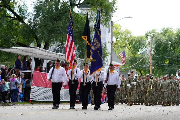 stock image Warrens, Wisconsin USA - September 25th, 2022: Military musical marching band marched in 2022 Cranfest parade.