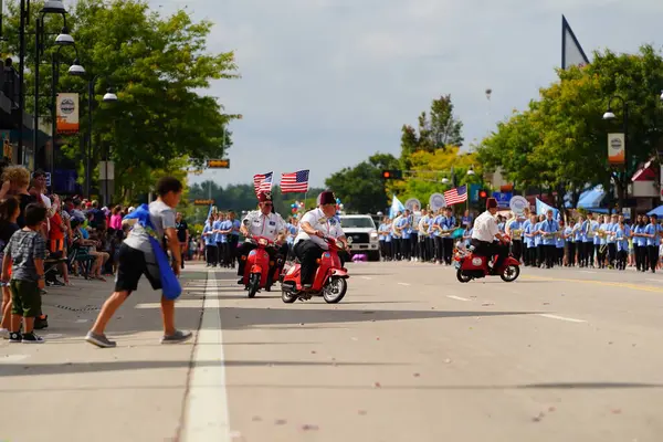 stock image Wisconsin Dells, Wisconsin USA - September 18th, 2023: ZOR Mavericks on mopeds drove around in Wo Zha Wa fall festival parade.